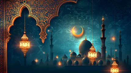 Foto op Plexiglas Ramadan Kareem set of posters or invitations design paper cut islamic lanterns, stars and moon on gold and violet background. © Beautiful Dream