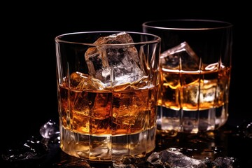 Whiskey on the rocks with ice cubes on a black background, Glass of scotch whiskey, and ice on a bokeh background. Whiskey with ice on a wooden table , Ai generated