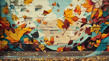 Seasonal graffiti art capturing the essence of autumn with falling leaves and warm colors