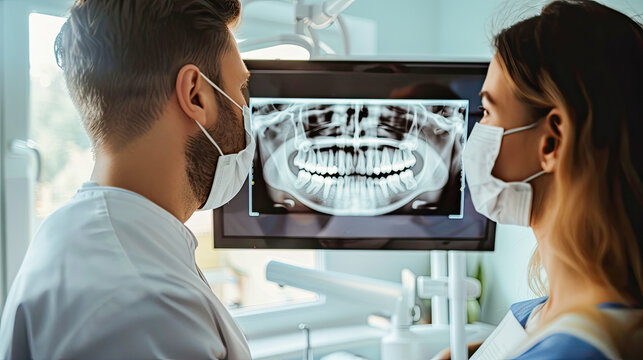 Dentists are discussing dental problems at report x-ray image for patients. AI Generated.