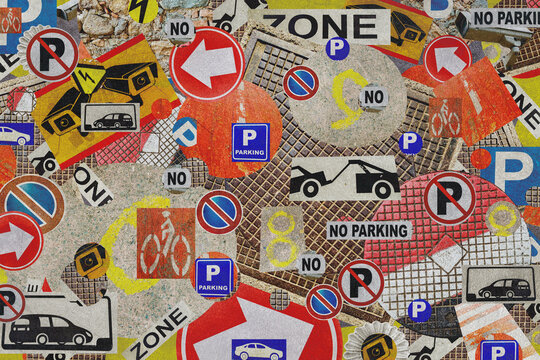 Abstract art collage with textures of road elements, signs, details urban objects. Grunge background.