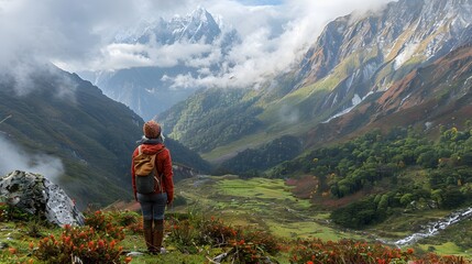Woman Exploring the Himalayan Landscape - obrazy, fototapety, plakaty