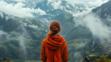 Woman in Orange Coat Standing on Mountain Peak in Gauzy Atmospheric Landscape - obrazy, fototapety, plakaty