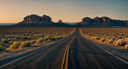  An open road through an empty rocky desert at sunrise, like a call to travel, to explore, to escape a journey through the difficulties and trials of life, towards the unknown, adventure and freedom  - obrazy, fototapety, plakaty