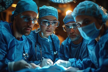 A team of skilled plastic surgeons discussing the plan for a complex reconstructive surgery, emphasizing collaboration and expertise.