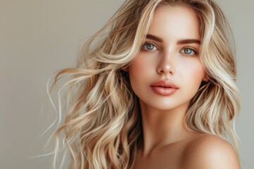 Obraz premium beautiful blonde woman with wavy medium-long hair, healthy skin looks at the camera and natural makeup of a young beautiful model