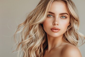 beautiful blonde woman with wavy medium-long hair, healthy skin looks at the camera and natural makeup of a young beautiful model - obrazy, fototapety, plakaty