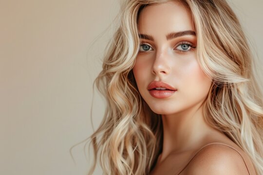beautiful blonde woman with wavy medium-long hair, healthy skin looks at the camera and natural makeup of a young beautiful model