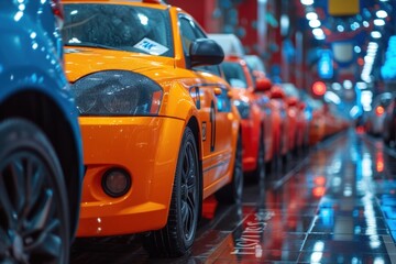 Obraz premium City taxi fleet parked neatly in a row, ready for service