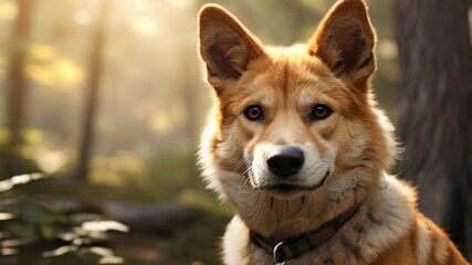 Close up portrait of a friendly brown shepherd dog in a forest