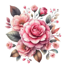 Spring pink flower bouquet with pink rose flowers and wild rose hips; camellia. Composition, bouquet of flowers. Watercolor illustration isolated on transparent background.