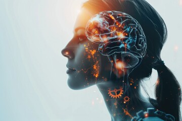 Side view of beautiful young woman with double exposure of gear brain.