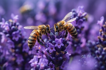 Macro shot of honeybees diligently pollinating a field of blooming lavender in a picturesque apiary