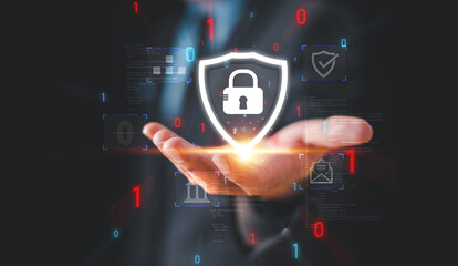 Cyber security privacy concept. Lock icon and internet network secure technology to protect data information. Businessman show person data info protection on smartphone, virtual screen network tech