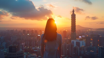 Obraz premium Woman Looking Over Taipei Skyline at Sunset with Humanistic Empathy