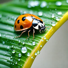 ladybug on wet leaf