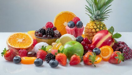 Various high-definition foods like vibrant fruits or candies set against a clean white background