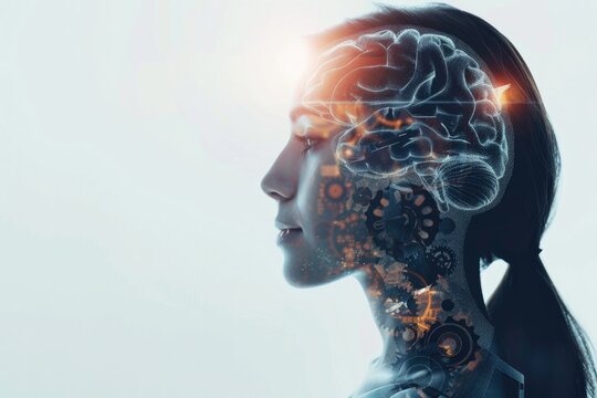 Side view of beautiful young woman with double exposure of gear brain.