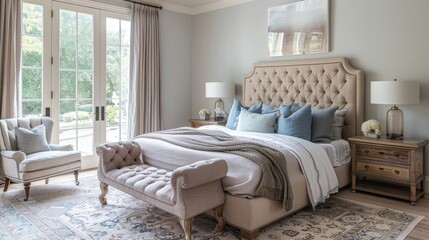 Periwinkle and taupe serene bedroom design