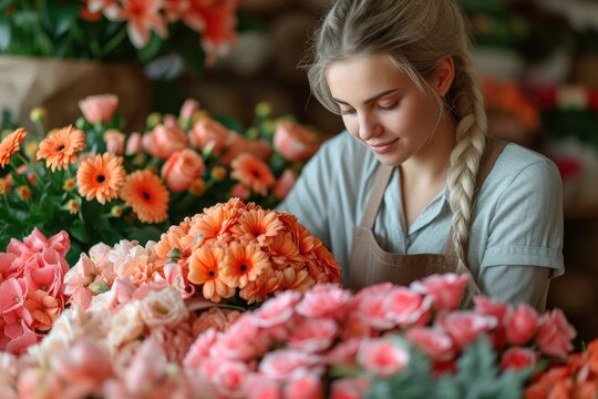 Photo of florist holding beautiful flowers in flower shop, copy space. Lifestyle flower shop. Beautiful flower composition