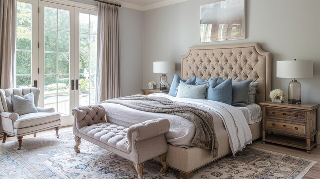 Periwinkle and taupe serene bedroom design