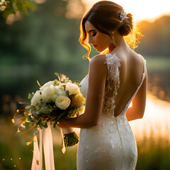 Bride with bouquet in a lake