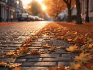Platanus leaves on a cobblestone street in autumn