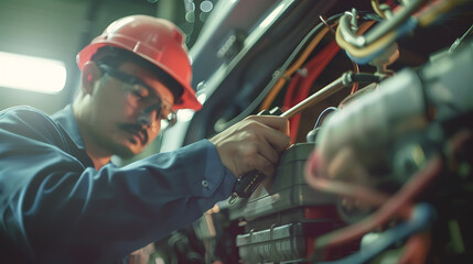 A man in helmet and safety glasses works on machine