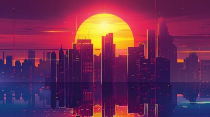 Retro abstract city skyline with vibrant sunset colors and geometric shapes