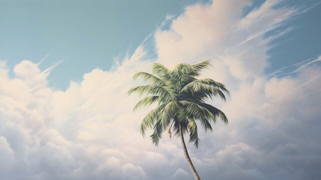 A serene composition featuring a palm tree against the canvas of a tropical sky, where the deep blue hues harmonize with the soft, billowing white clouds.