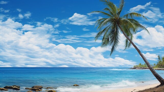 A picturesque view of a palm tree gracing a tropical shoreline, framed by a vibrant blue sky adorned with fluffy white clouds, evoking a sense of paradise.