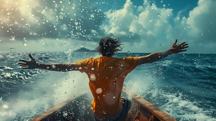 Man in Boat Surfing Ocean Waves in Dreamlike Scene - obrazy, fototapety, plakaty