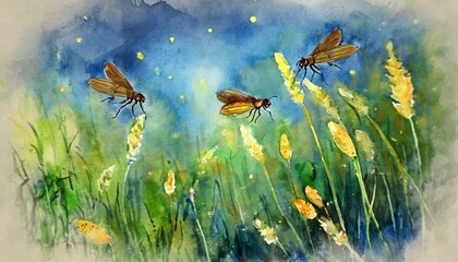 Watercolor Image of Fireflies in a Field