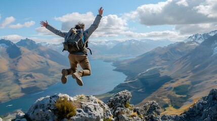 Man Jumping on Mountain Cliff with Backpack