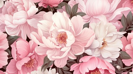  White and pink peoni flowers scattered oner the pattern at various angles