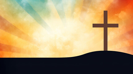 Cross in the sky. Abstract Easter Sunday Silhouette cross and Spiritual Sunrise Watercolor illustration background
