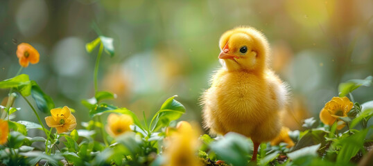 Springtime Serenity.
A fluffy yellow chick surrounded by vibrant spring blooms basks in the golden sunlight.