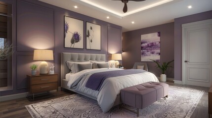 Fototapeta na wymiar Thistle purple and wheat neutral serene bedroom palette