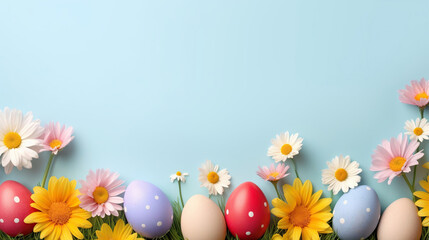 Easter Eggs and Flowers on Blue Background with Copy Space for Banner or Poster