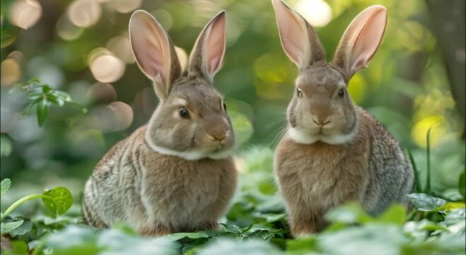 a pair of rabbits in the forest footage