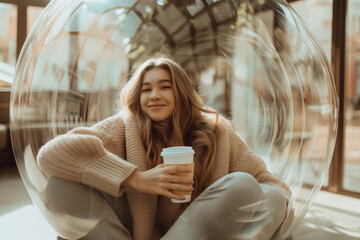 Young happy smiling woman in a bubble, the concept of maintaining your own boundaries and personal space, creating a comfort zone
