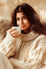 Portrait of a happy young woman with a cup of coffee, therapeutic assistance in solving mental problems, achieving success in therapy and getting a full life