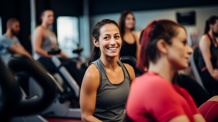 Fototapeta premium A group of happy Women are working out in the gym. Sports, Fitness, Energy, Group Training, Healthy lifestyle concepts.