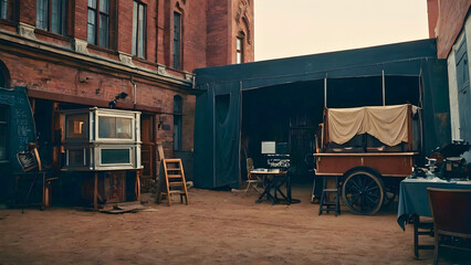 A podium where a scene is being prepared for a movie.