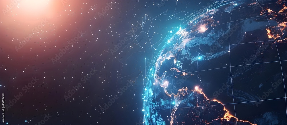 Poster Communication technology global world network concept. Connection lines Around Earth Globe, Motion of digital data flow. Futuristic Technology Background.