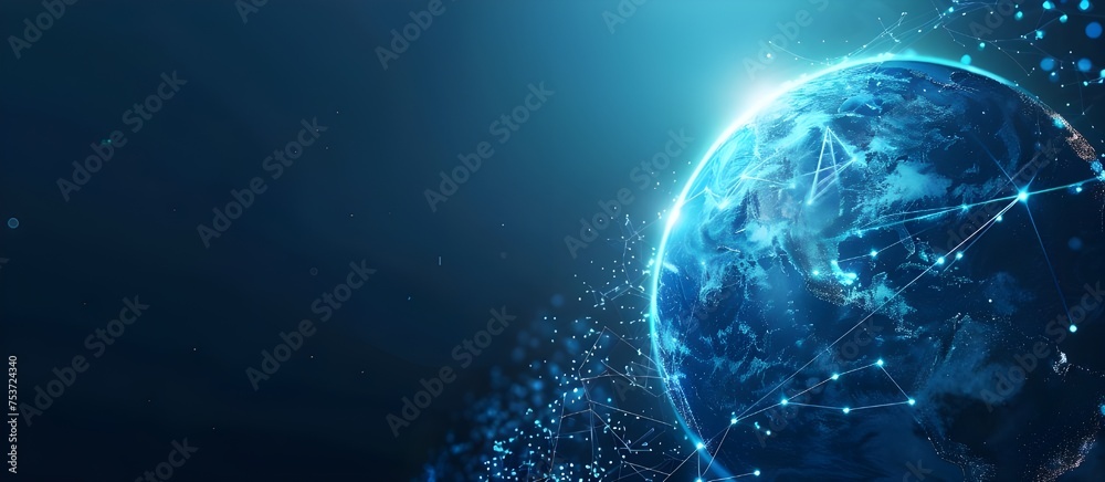 Poster Global network and data exchanges over the planet Earth Background.