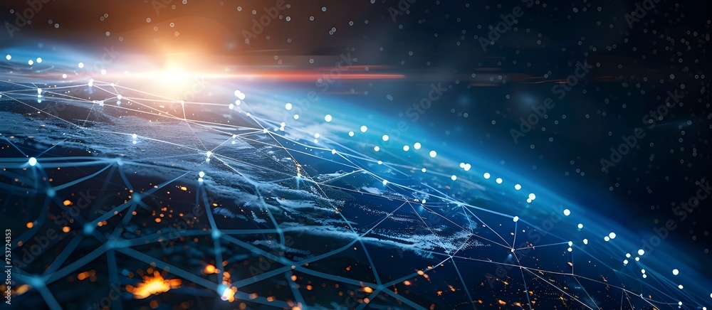 Poster Digital world globe, concept of global network and connectivity on Earth, high speed data transfer and cyber technology background.