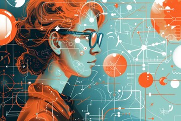 illustration Honoring women's contributions to science: portrait of female scientist with red hair.