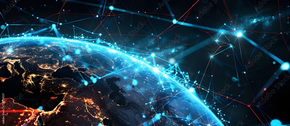 Poster 3D rendering abstract of world network, internet and global connection concept over the planet Earth Background.