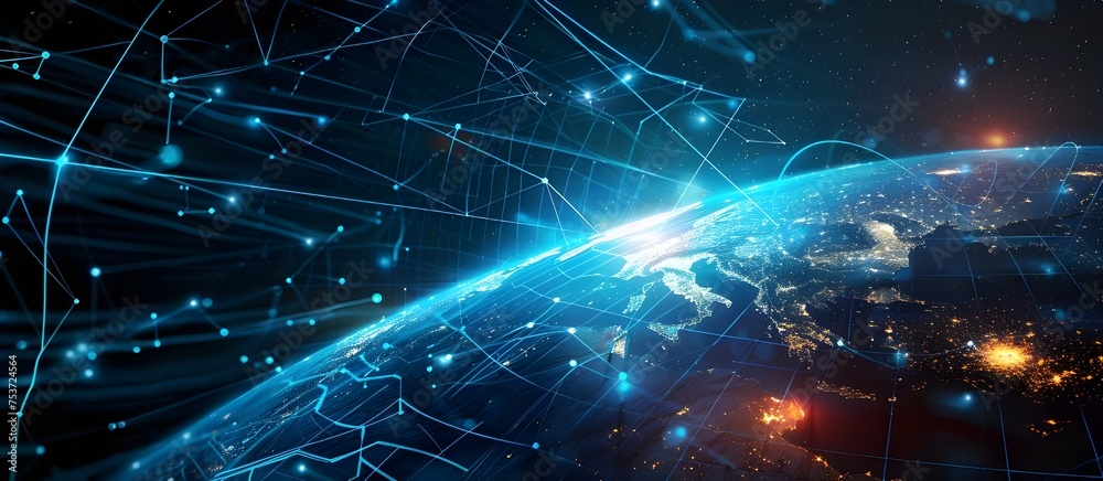 Poster digital world globe centered, concept of global network and connectivity on earth, data transfer and
